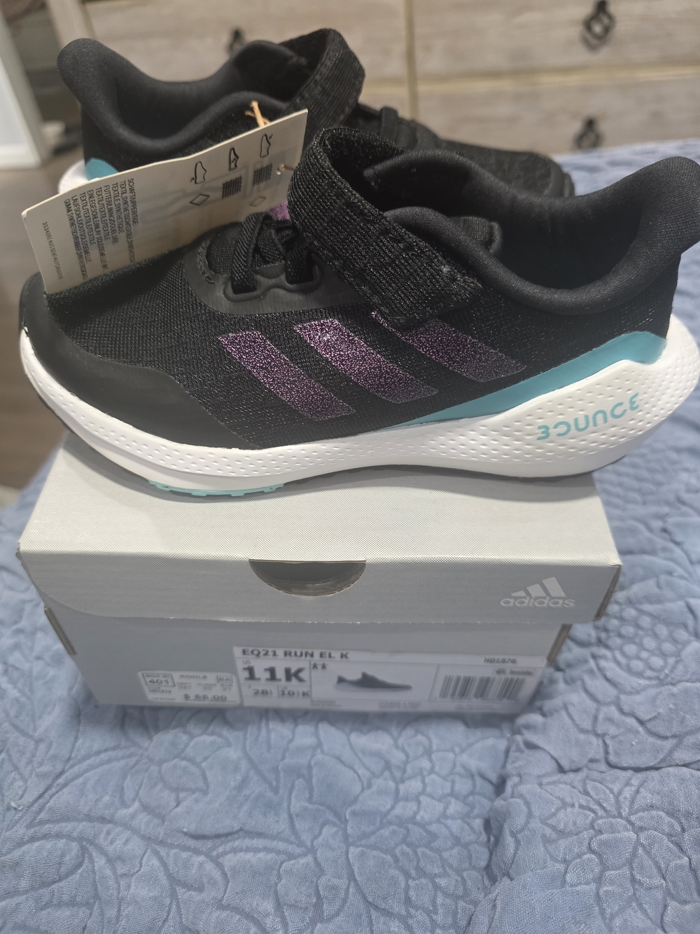 Sz 11K New With BOX Adidas Kids' Black & Purple Bounce Running Shoes